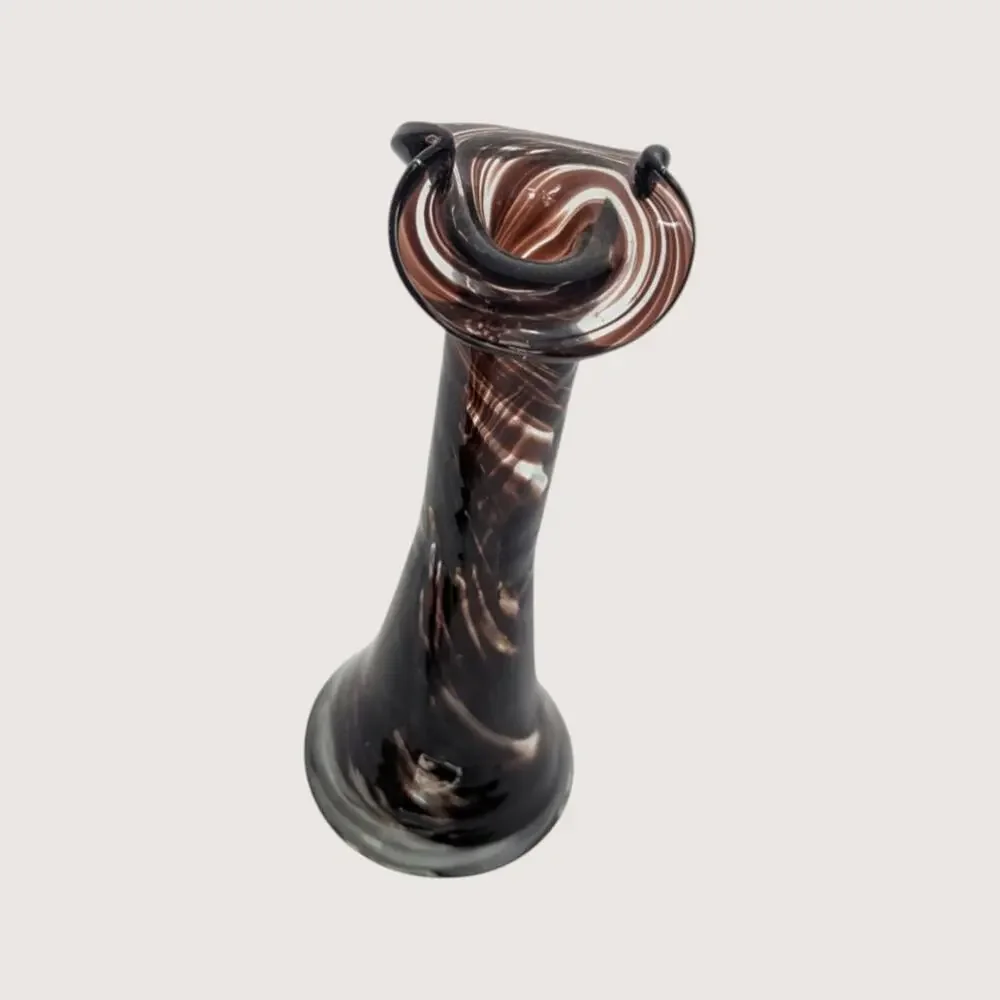 1970s Murano Style Brown Swirl Art Glass Bud Vase with Bicorn Rim